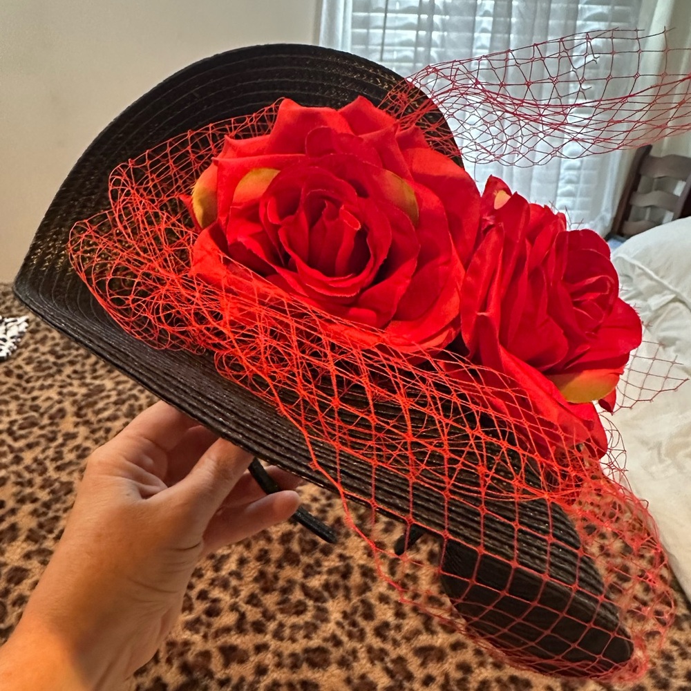 Black Fascinator Hat with Red Floral Accents